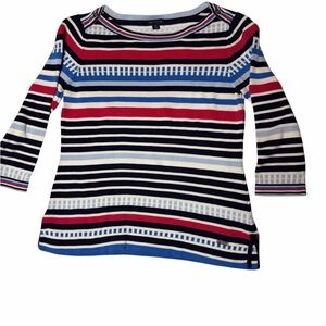 Tommy Hilfiger Women’s Striped Knit Top Small Blue Red White 3/4 Sleeve
